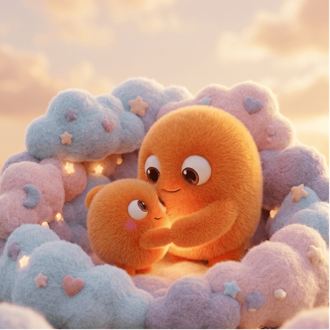 Lumi, a fluffy orange character, hugging a smaller one among soft clouds